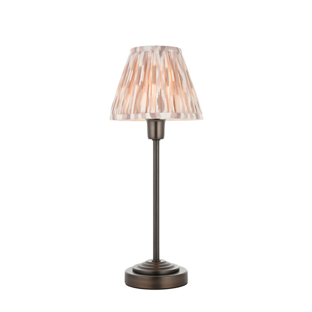 Rise Antique Bronze Plate Table Lamp with Neutral Print Fabric Ikat Shade 16cm E14 - image 1