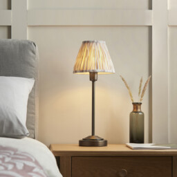 Rise Antique Bronze Plate Table Lamp with Neutral Print Fabric Ikat Shade 16cm E14 - thumbnail 3