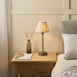 Rise Antique Bronze Plate Table Lamp with Neutral Print Fabric Ikat Shade 16cm E14 - thumbnail 2