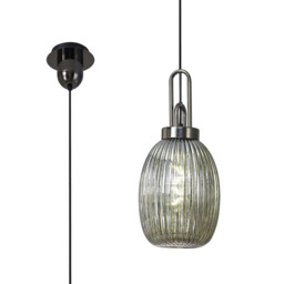 Yorktown Ceiling Pendant E27 With 20cm Almond Ribbed Glass, Smoked Black Chrome, Matt Black - thumbnail 1