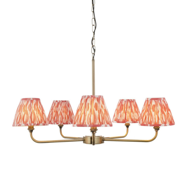 Lille Antique Brass Plate Pendant Light with Coral Pink Fabric Ikat Shade 16cm 5x B22 - image 1