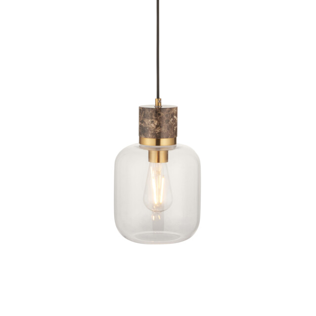Travi Slim Pendant Ceiling Light Dark Brown Emperador Marble, Vintage Brass & Clear Glass E27 - image 1