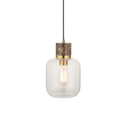 Travi Slim Pendant Ceiling Light Dark Brown Emperador Marble, Vintage Brass & Clear Glass E27 - thumbnail 1