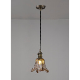 Leyden Switched Ceiling Pendant 1.5m, E27, Antique Brass, Black Twisted Cable, Brown Flower Glass - thumbnail 3