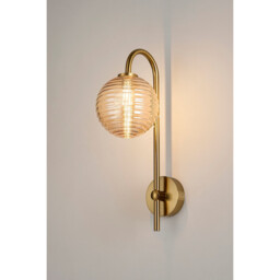Tivoli Curved Arm Wall Light, 1 Light G9, IP44, Brass Gold/Amber Ribbed Round Glass - thumbnail 3