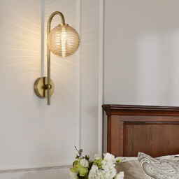 Tivoli Curved Arm Wall Light, 1 Light G9, IP44, Brass Gold/Amber Ribbed Round Glass - thumbnail 5