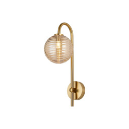 Tivoli Curved Arm Wall Light, 1 Light G9, IP44, Brass Gold/Amber Ribbed Round Glass - thumbnail 1