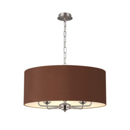 Banyan 5 Light Multi Arm Pendant, E14 Satin Nickel With 60cm x 22cm Dual Faux Silk Shade, Raw Cocoa/Grecian Bronze
