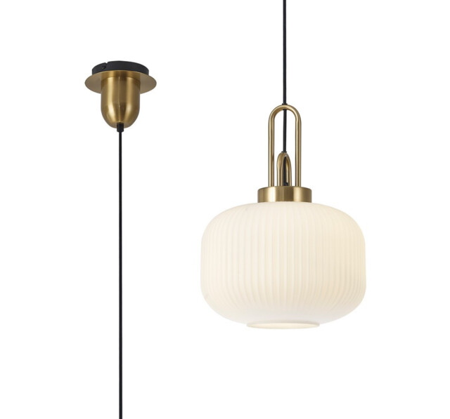 Yorktown 1 Light Pendant E27 With 30cm Pumpkin Shaped Ribbed Glass, Opal Brass Gold, Matt Black - image 1