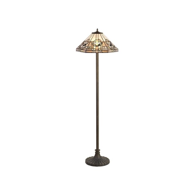 Ithaca 2 Light Stepped Design Floor Lamp E27 With 40cm Tiffany Shade, White, Grey, Black, Clear Crystal, Aged Antique Brass - image 1