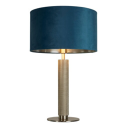 London Table Lamp Knurled Satin Silver, Teal Velvet Shade - thumbnail 1