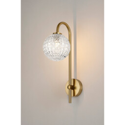Tivoli Curved Arm Wall Light, 1 Light G9, IP44, Brass Gold/Clear Cross Pattern Round Glass - thumbnail 3