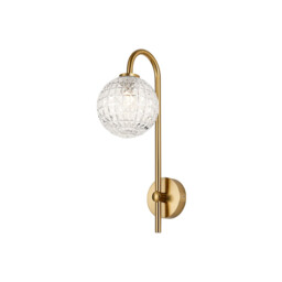 Tivoli Curved Arm Wall Light, 1 Light G9, IP44, Brass Gold/Clear Cross Pattern Round Glass - thumbnail 1