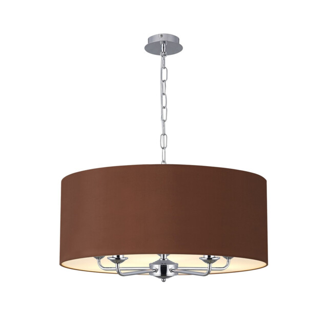Banyan 5 Light Multi Arm Pendant, E14 Polished Chrome With 60cm x 22cm Dual Faux Silk Shade, Raw Cocoa/Grecian Bronze - image 1
