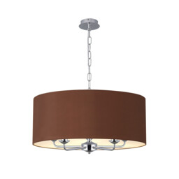 Banyan 5 Light Multi Arm Pendant, E14 Polished Chrome With 60cm x 22cm Dual Faux Silk Shade, Raw Cocoa/Grecian Bronze