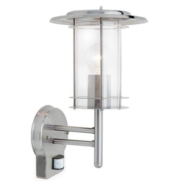 York PIR 1 Light Outdoor Wall Lantern Polished Stainless Steel, Clear Polycarbonate IP44, E27 - image 1