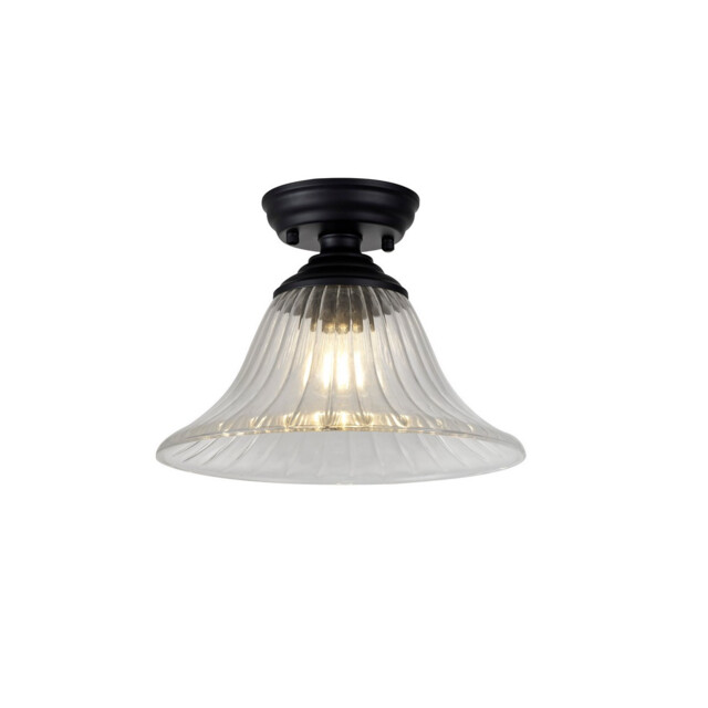 Dresden Flush Ceiling Lamp E27 With Bell 30cm Glass Shade Matt Black, Clear - image 1