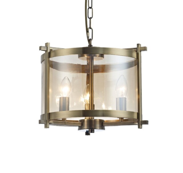 Nolan Cylindrical Ceiling Pendant 3 Light E14 Antique Brass, Amber Glass - image 1