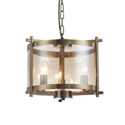 Nolan Cylindrical Ceiling Pendant 3 Light E14 Antique Brass, Amber Glass - thumbnail 5
