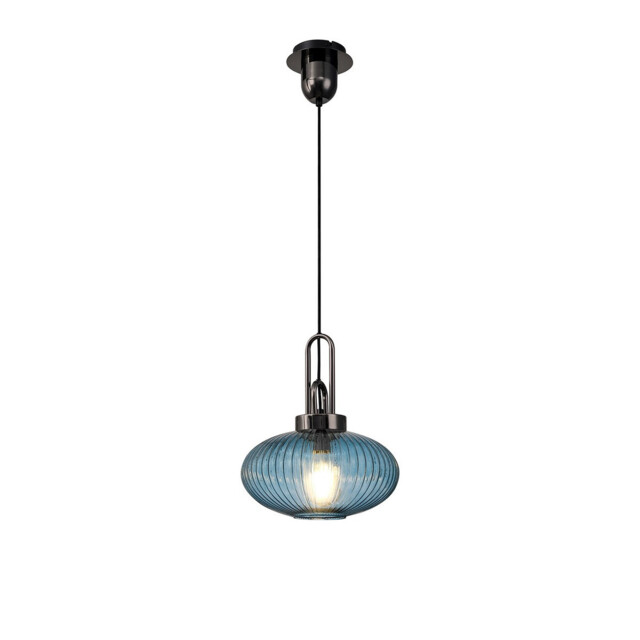 Yorktown E27 Ceiling Pendant With 30cm Oval Sphere Ribbed Glass, Black Chrome, Petrol Blue, Matt Black - image 1