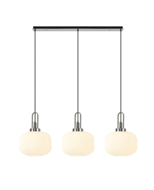 Yorktown Linear 3 Light Pendant E27, Polished Nickel, Matt Black With 30cm Round Ribbed Opal Glass - image 1