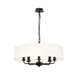 Banyan 5 Light Multi Arm Pendant With 60cm x 15cm Faux Silk Fabric Shade Matt Black/White