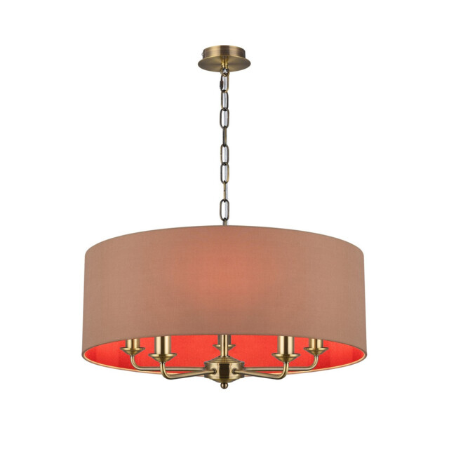 Banyan 5 Light Multi Arm Pendant, E14 Antique Brass With 60cm x 22cm Dual Faux Silk Shade, Antique Gold/Ruby - image 1