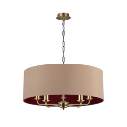 Banyan 5 Light Multi Arm Pendant, E14 Antique Brass With 60cm x 22cm Dual Faux Silk Shade, Antique Gold/Ruby - thumbnail 5