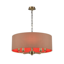Banyan 5 Light Multi Arm Pendant, E14 Antique Brass With 60cm x 22cm Dual Faux Silk Shade, Antique Gold/Ruby