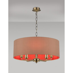 Banyan 5 Light Multi Arm Pendant, E14 Antique Brass With 60cm x 22cm Dual Faux Silk Shade, Antique Gold/Ruby - thumbnail 2