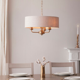 Highclere Multi Arm Pendant Ceiling Light Vintage Brass, Natural Linen, 3x E14 - thumbnail 2