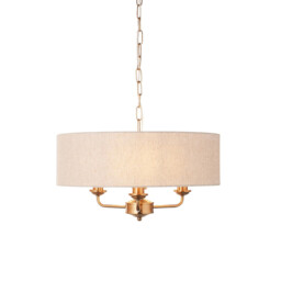Highclere Multi Arm Pendant Ceiling Light Vintage Brass, Natural Linen, 3x E14