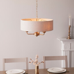 Highclere Multi Arm Pendant Ceiling Light Vintage Brass, Natural Linen, 3x E14 - thumbnail 3