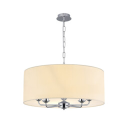 Banyan 5 Light Multi Arm Pendant, E14 Polished Chrome With 60cm x 22cm Faux Silk Shade, Ivory Pearl/White Laminate