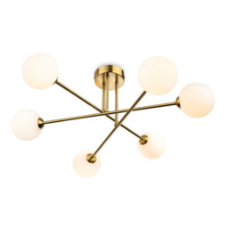 Lando Globe 6 Light Flush Ceiling Fitting Brushed Brass with Opal White Glass 6xG9