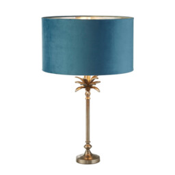 Palm Table Lamp Antique Nickel, Teal Velvet Shade