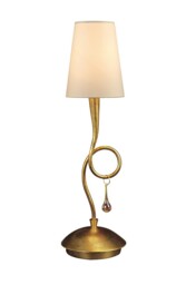 Paola Table Lamp 1 Light E14, Gold Painted with Cream Shade & Amber Glass Droplets