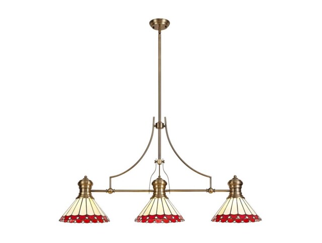 Schroon 3 Light Telescopic Ceiling Pendant E27 With 30cm Tiffany Shade, Antique Brass, Red, Crystal - image 1
