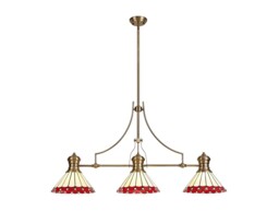 Schroon 3 Light Telescopic Ceiling Pendant E27 With 30cm Tiffany Shade, Antique Brass, Red, Crystal