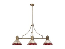 Schroon 3 Light Telescopic Ceiling Pendant E27 With 30cm Tiffany Shade, Antique Brass, Red, Crystal - thumbnail 3