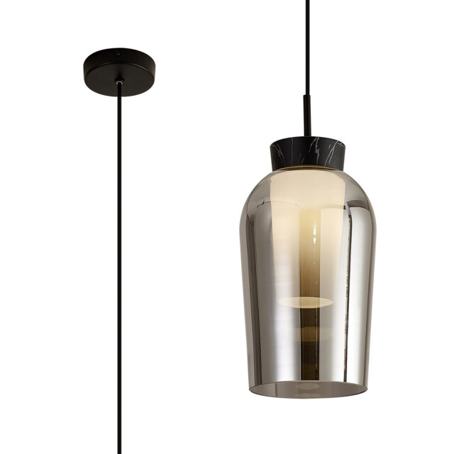 Nora Single Pendant, 1 Light Adjustable E27, Black/Black Marble/Chrome Glass With Frosted Inner - image 1