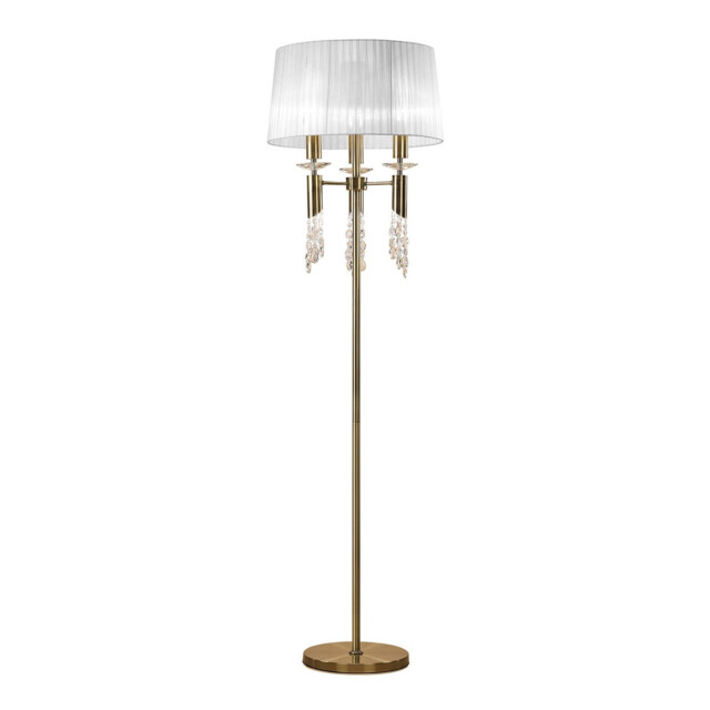 Tiffany Floor Lamp 3+3 Light E27+G9, Antique Brass With White Shade & Clear Crystal - image 1