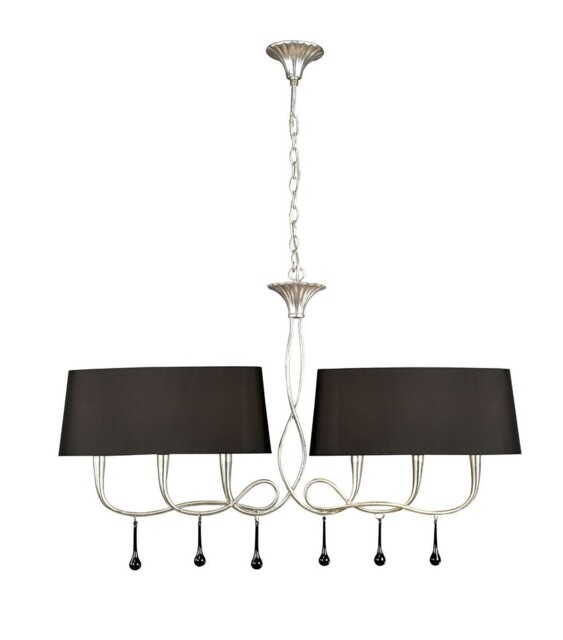 Paola Ceiling Pendant 2 Arm 6 Light E14, Silver Painted with Black Shades & Black Glass Droplets - image 1