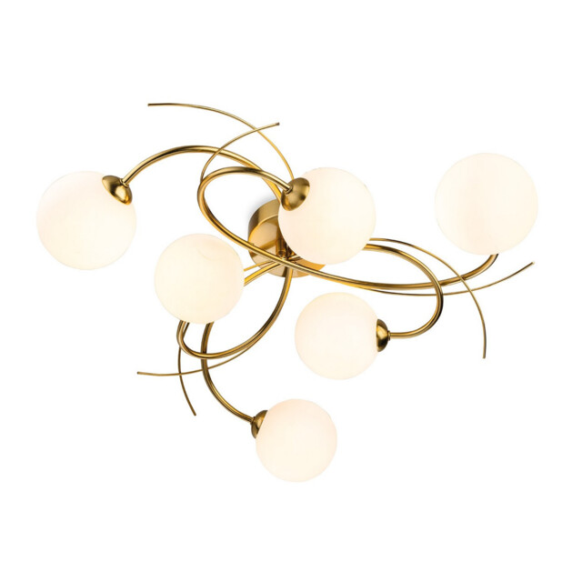 Elba 6 Light Flush Ceiling Fitting Brushed Brass with Opal White Glass 6xG9