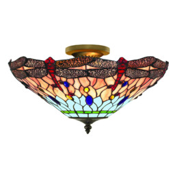 Dragonfly 3 Light Semi Flush Ceiling Light Antique Brass, Tiffany Glass, Red, Blue, E14 - thumbnail 1