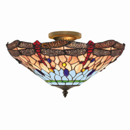 Dragonfly 3 Light Semi Flush Ceiling Light Antique Brass, Tiffany Glass, Red, Blue, E14 - thumbnail 2