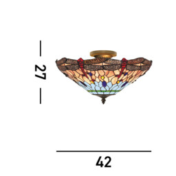 Dragonfly 3 Light Semi Flush Ceiling Light Antique Brass, Tiffany Glass, Red, Blue, E14 - thumbnail 3
