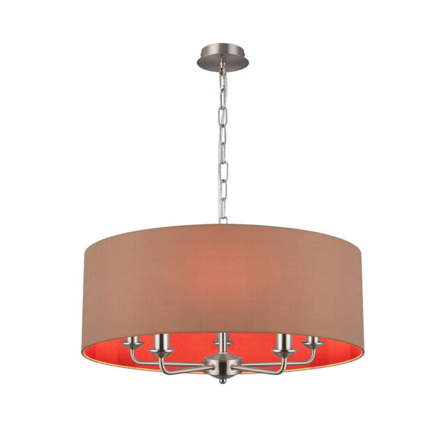 Banyan 5 Light Multi Arm Pendant, E14 Satin Nickel With 60cm x 22cm Dual Faux Silk Shade, Antique Gold/Ruby - image 1