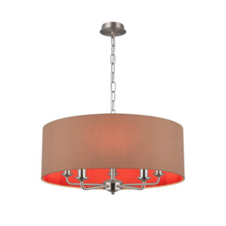 Banyan 5 Light Multi Arm Pendant, E14 Satin Nickel With 60cm x 22cm Dual Faux Silk Shade, Antique Gold/Ruby