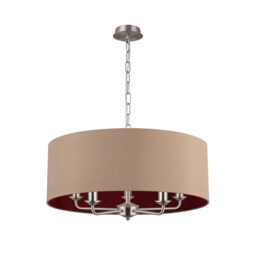 Banyan 5 Light Multi Arm Pendant, E14 Satin Nickel With 60cm x 22cm Dual Faux Silk Shade, Antique Gold/Ruby - thumbnail 5